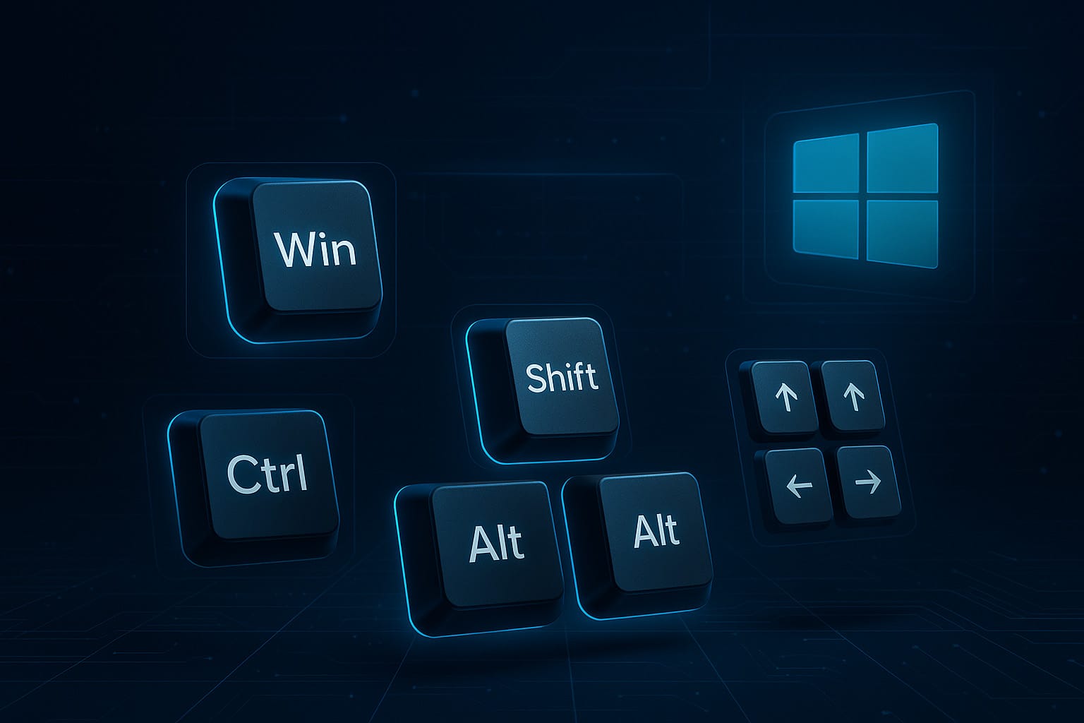 Tastiera con highlight sui tasti Windows e frecce, scorciatoie per produttività su Windows.