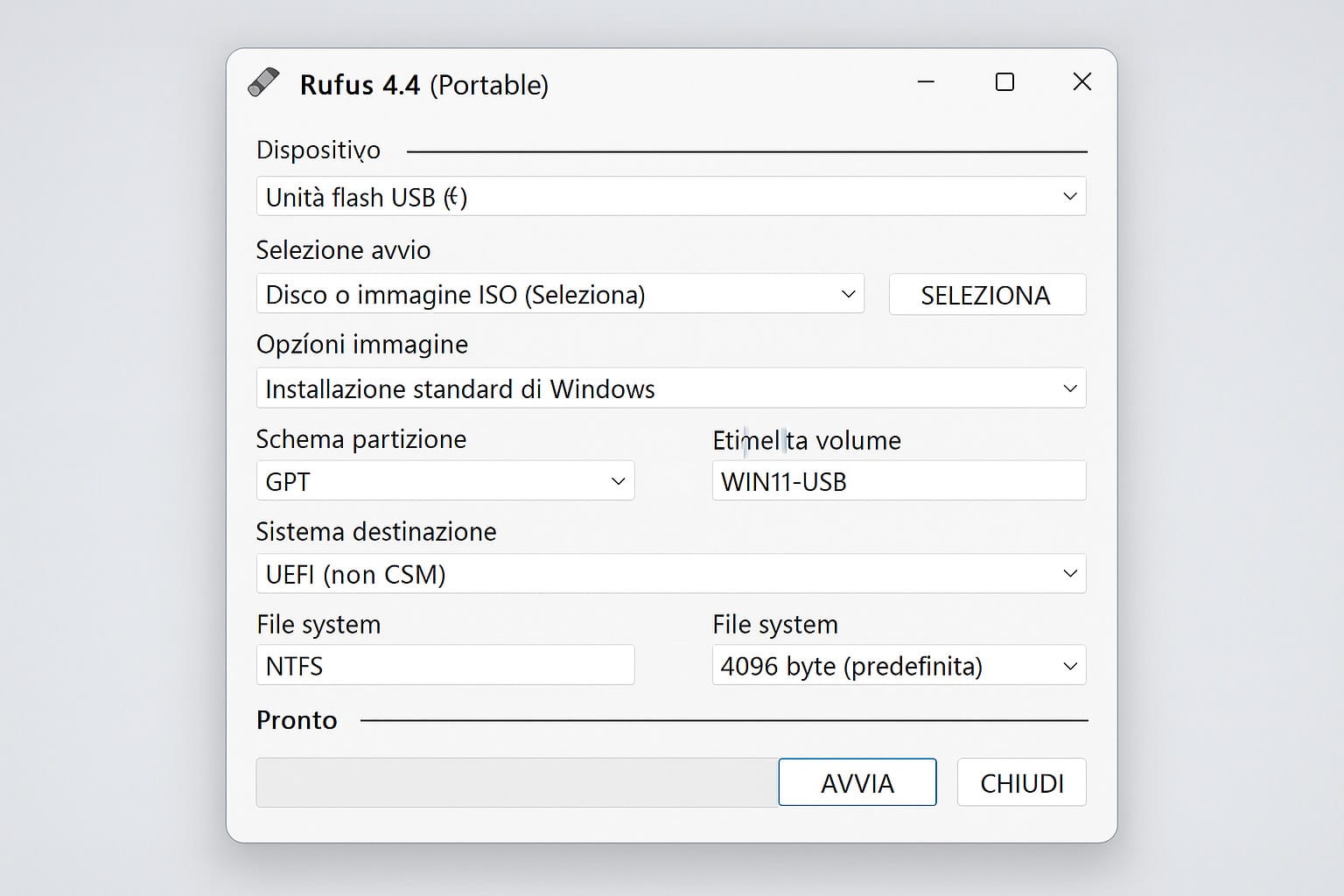 finestra di Rufus con ISO selezionata, schema GPT e destinazione USB